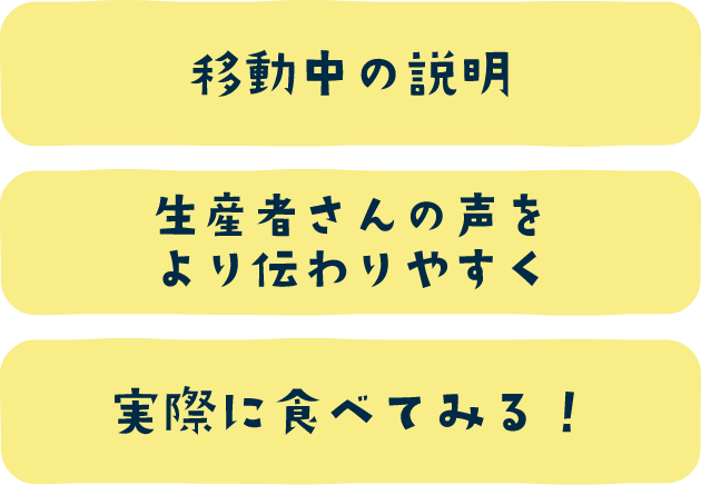 移動中の説明／生産者さんの声をより伝わりやすく／実際に食べてみる！